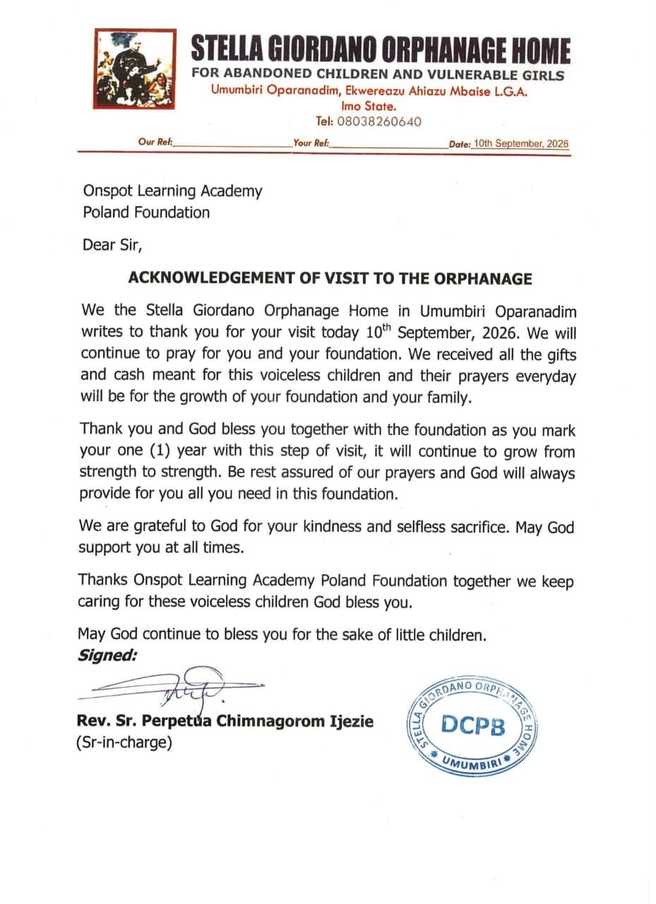 Acknowledgement letter from Stella Giordano Orphanage Home